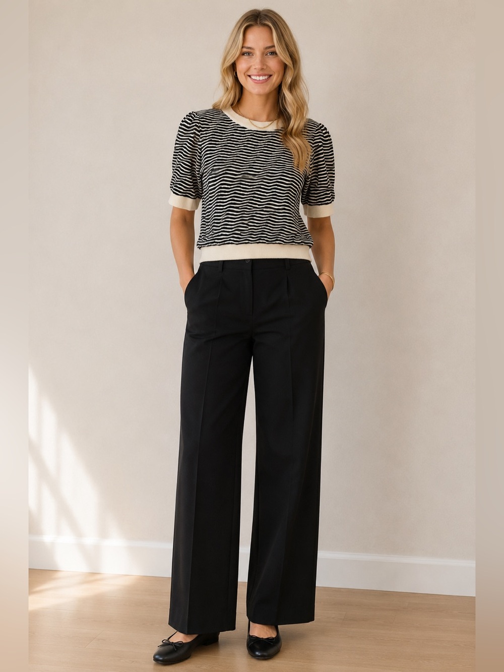 Trina Turk Black & Ivory Wavy Stripe Knit Top | Puff Sleeve Sweater Tee